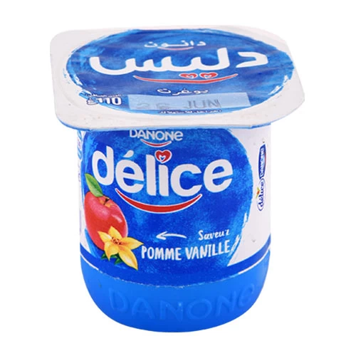 Yaourt aromatisé Pomme Vanille DELICE DANONE 110Gr ياغرت بنكهة التفاح والفانيليا ديليس دانون 110 غرام supermarché vente en ligne livraison alimentation laitiers yaourt délice danone Gabes Gra