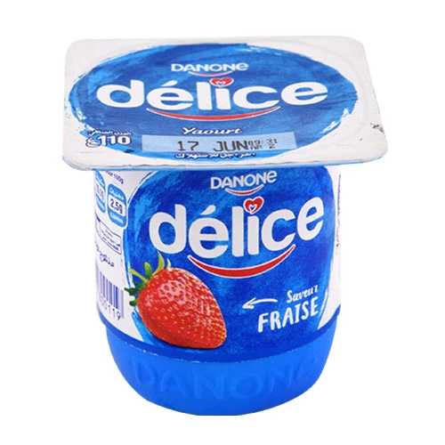 Yaourt aromatisé Fraise DELICE DANONE 110Gr ياغرت بنكهة الفراولة ديليس دانون 110 غرام supermarché vente en ligne livraison alimentation laitiers yaourt délice danone Gabes Tunisie